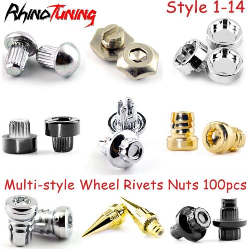 100pcs Multiple Styles Wheel Rivets Nuts Rim Lip University Decorative Nail Black Golden Chrome Sliver Covers ABS for Car Rims