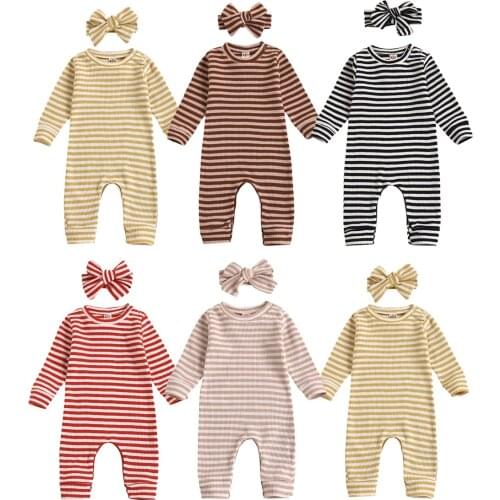 2020 Fall Spring Newborn Baby Girls Boys Clothes Toddler Long Sleeve Romper Striped Round Neck Jumpsuits + Headband 0-18M Outfit