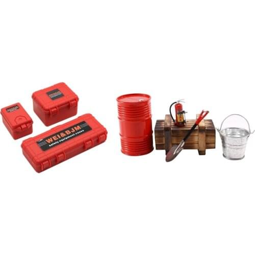 3Pcs Storage Box Tool with 5PCS Simulation Fire Extinguisher Oil Drum Shovel Parts, for Axial 1/10 SCX10 TRX4 RC Car