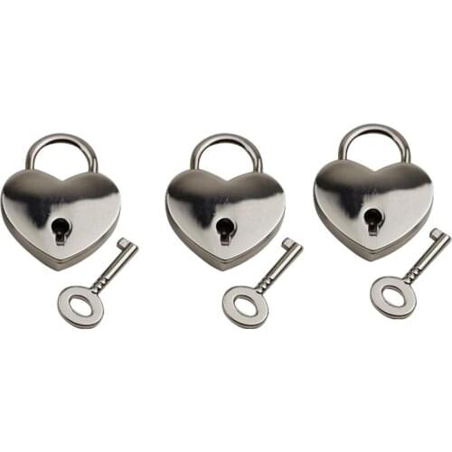 3x Mini Zinc Alloy Metal Heart Type Lock Key for Jewelry Box Suitcase Silver