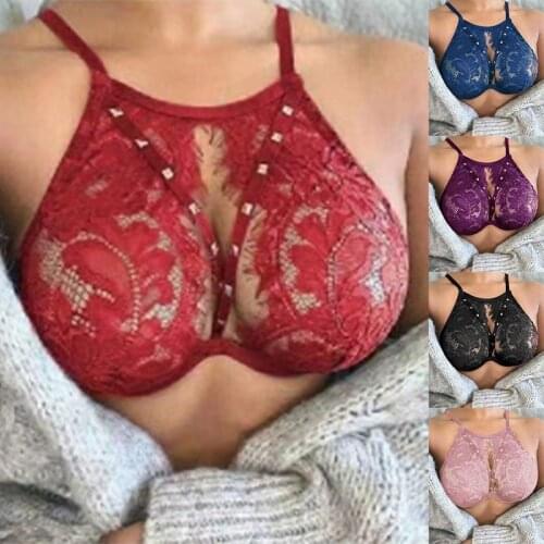 Women Sexy Bra Top Push Up Vest Crop Top Bra Wireless Bra Rivet Hollow Out Lace Underwear Lingerie Bras