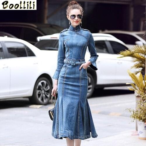 Boollili Denim Long Dress Elegant Bodycon Office Dress Spring Summer Dress Women Clothes 2020 Vintage Womens Dresses Vestidos