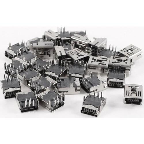 30 Pcs Mini USB Type B Female Socket 5-Pin Right Angle DIP Jack Connector