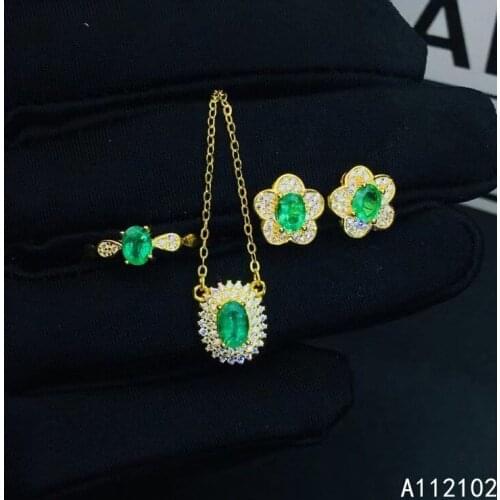 KJJEAXCMY fine Jewelry 925 sterling silver inlaid natural Emerald lovely pendant ring earring set support test Chinese style
