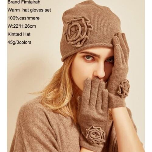 Two-piece Set Knitted Cashmere Gloves And Hat Cashmere 100% Winter Women Autumn Winter Lady Gloves 2019 Hook Flower Luxury