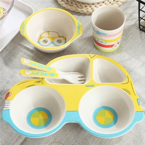 5pcs/sets Baby Dish Tableware Set Feeding Dishes for Kids Utensils Natural Bamboo Fiber Bowl With Cup Spoon Plate Fork