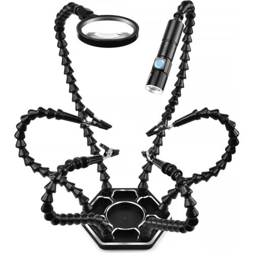 Helping Hands Soldering Third Hand PCB Tool with 6 Flexable Arms Light Rotatable Clips Stable Desk Clamp Base Soldering Assembly