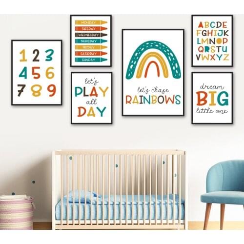 Rainbow Alphabet Number Wall Art Canvas Painting Nordic Posters And Prints Nursery Educational Wall Pictures For Kids Room Decor