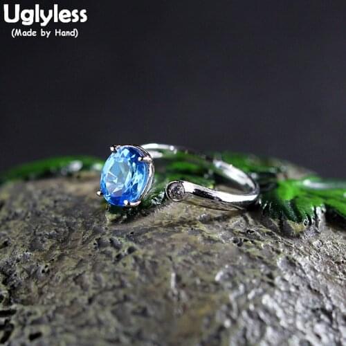 Uglyless Luxury Natural Blue Topaz Rings for Women Oval Faceted Gemstones Open Rings Real 925 Sterling Silver Fine Jewelry R972