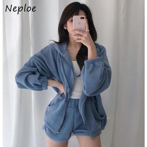 Neploe Chic Simple Versatile Solid Color Short Sets 2pcs Hooded Long Sleeve Zipper Tops + High Waist Shorts Two-piece Female