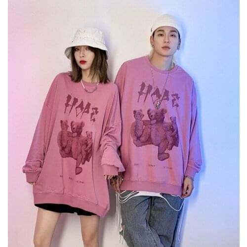 Spring New O-neck Womens Sweatshirt Japanese Harajuku Vintage Oversize Bear Print Pink Top Couple Loose Couple Pullover Clothes