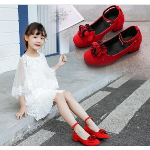 New Pink Red Childrens Girls Leather Shoes for Kids High Heeled Girls Princess Shoes For Party Wedding Big Girls Dress Shoes