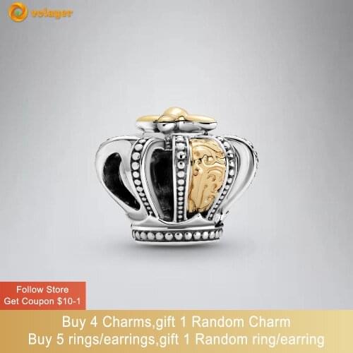 Volayer 925 Sterling Silver Two-tone Regal Crown Charm fit Original Pandora Bracelets for Women DIY Jewelry