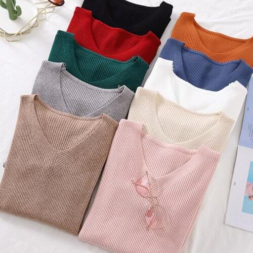 Knitted Sweater Pullover Women V neck Long Sleeve Top All-match Skinny Elastic Thread Basic Shirt 2020 Winter Jumper Pull Femme