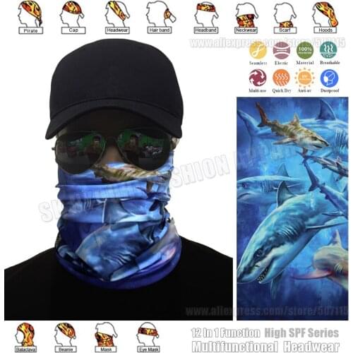 High Quality New 3D Ocean Shark Prints SPF Multifunctional Seamless Bandana Fishing Tubular Scarf Balaclava Sunscreen Magic Hood