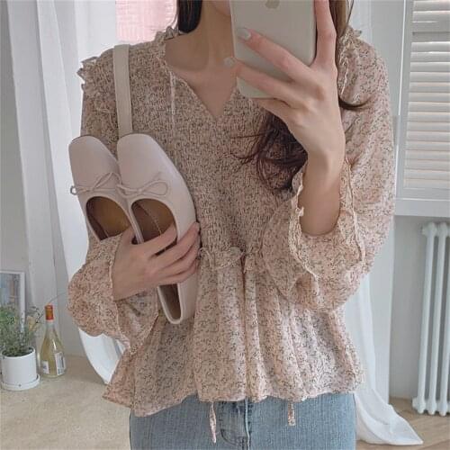 Alien Kitty Pink Chic Chiffon Florals Folds Blouses Sweet Slim 2021 Hot Girls Printing Ruffles Fashion Femme Autumn Women Tops