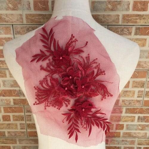 4 pcs Wine Red Lace Applique 3D Beaded Flowers Lace Applique DIY Wedding Dress Evening Dress Accessories Patch 10 Colors