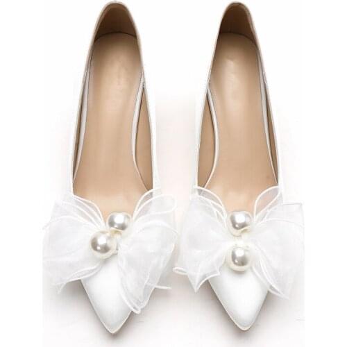 White wedding shoes bridal shoes bow knot bridesmaid shoes female girls fairy shoes gentle single shoes