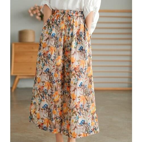 Summer New Style Chiffon Wide-leg Pants Women Comfortable Elastic Waist Floral Printed Trousers Ankle-Length Elegant pantalones