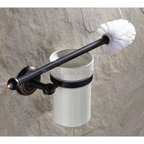 Black Oil Rubbed Brass Wall Mounted Modern Bathroom Ceramic Cup + Brass Toilet Brush Holder Set Wba119a