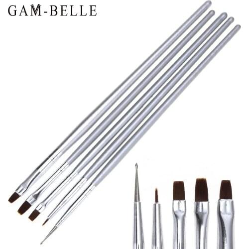 GAM-BELLE 5 Pcs Nail Art Brush Set Acrylic Liquid Powder Carving French Flower Stripe Painting Pen Drawing Liner Brushes Kit
