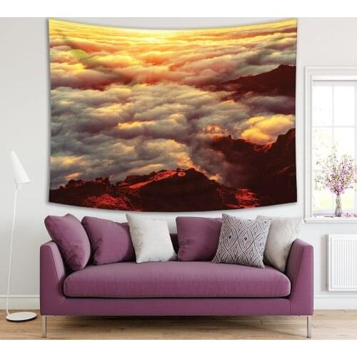 Tapestry Sunset on the Hill above Clouds Sunlight Nature Landscape Scenic View Printed Brown Yellow