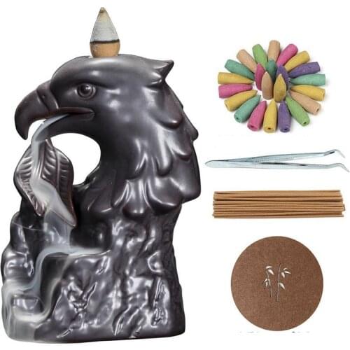Ceramic Eagle Backflow Incense Burner Holder Smoke Waterfall Incense Sticks Holder Censer Gift 20 Pcs Cones Home Decoration