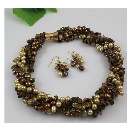 Terisa Pearljewelry New Perfect Jewelry Set Brown Crystal Beads Freshwater Pearl Necklace Earrings 5 Rows 18inches Magnet Clasp