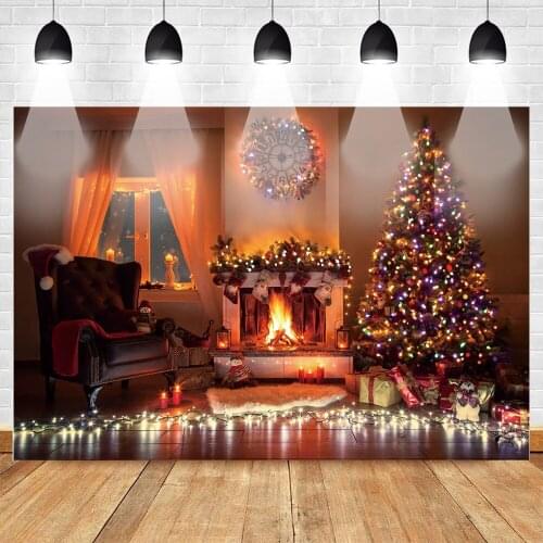 MOCSICKA Celebration Christmas Photography Backdrops Christmas Tree Red Socks Warm Fireplace Background Gifts for Children Kids