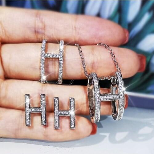 Independent design silver inlaid full diamond geometric type simple and fashionable H-shaped zircon three-piece jewelry set