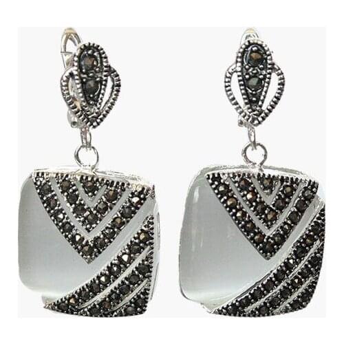 Fancy ladys 925 Silver Hook clear opal Marcasite Square Earrings 1"