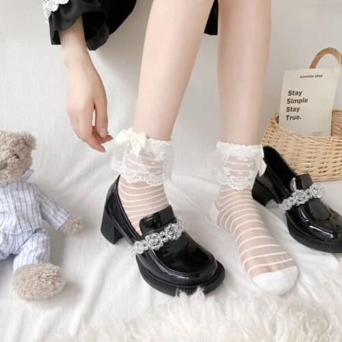 Japanese Maiden Sweet Retro Bowknot Lace Short Socks Lolita Style Frilly Ruffle Ultra-Thin Transparent Princess Socks Striped