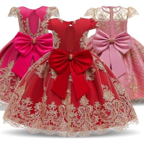 Red Bow Baby Girl Clothes Flower Princess Party Dresses Print Birthday Tutu Dress Luxury Childrens Clothing Christmas Clothes
