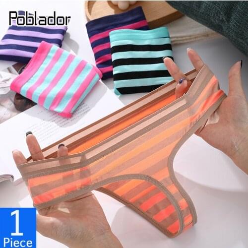 Poblador Sexy Womens Pure Cotton Panties Underwear Seamless Sport Thongs Low Waist Striped Female Comfort Breathable G-String