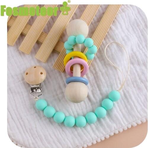 Fosmeteor 1pcs Beech Wood Baby Rattle Teether Silicone Beads Soother Teether Molar Toy Safe Musical Chew Montessori Toys