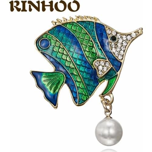 RINHOO Ocean Rhinestone Fish Brooches Women Elegant Pearl Multicolor Vivid Animal Brooch Office Casual Lapel Pins Girl Gifts