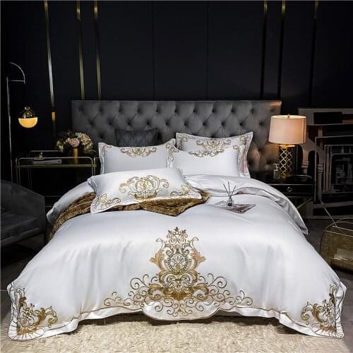 Luxury Europe White Satin Silk Cotton Gold Embroidery Bedding Set Soft Silky Jacquard Duvet Cover Flat/Fitted Sheet Pillowcases
