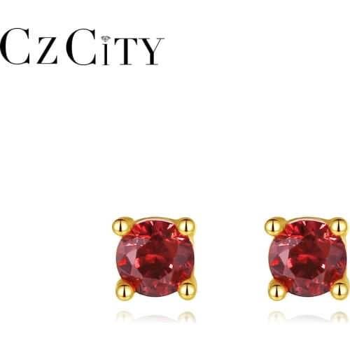 CZCITY Three Pairs 925 Sterling Silver Stud Earrings for Women Girls Yellow White Dark Red Small Round Fine Jewelry Gifts SE-475