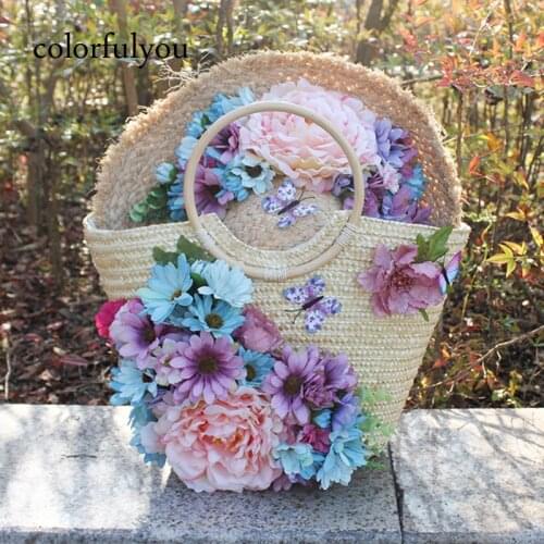 Artificial Flower Butterfly Straw Bag For Women Woven Rattan Handbag With Zipper Beach Tote Bag Large Capacity 2019 New Summer