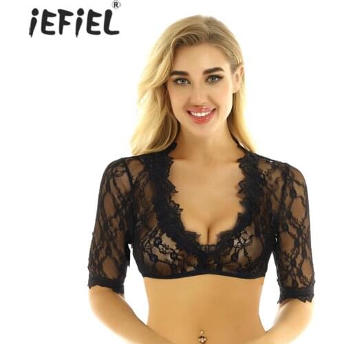 Ladies Women Vintage Dirndl Blouse Sexy Crop Tops Bavarian Oktoberfest Costume Rave Clothes Transparentes Sheer Lace Blouses