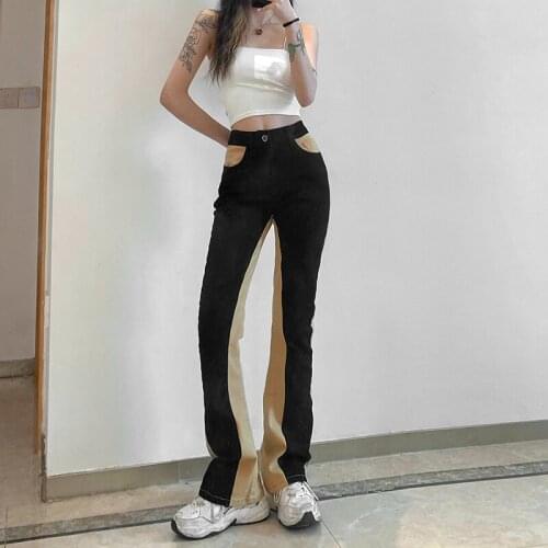 Female Fashion 2021 Skinny Vintage Denim Pants Black Khaki Patched Y2K Flare Jeans for Girls Womens High Waist Trouser Harajuku