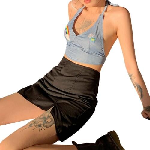 Women’s Embroidery Printing Bustier Tops, Deep V-neck Backless Bandage Lace-up Crop Halter Vest Clothes