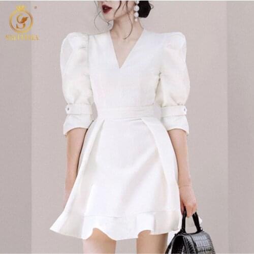 SMTHMA Vintage V-Neck Slim Waist Women Dress Elegant Puff- Sleeve White Female Mermaid Dress 2021New Summer Party Vestidos