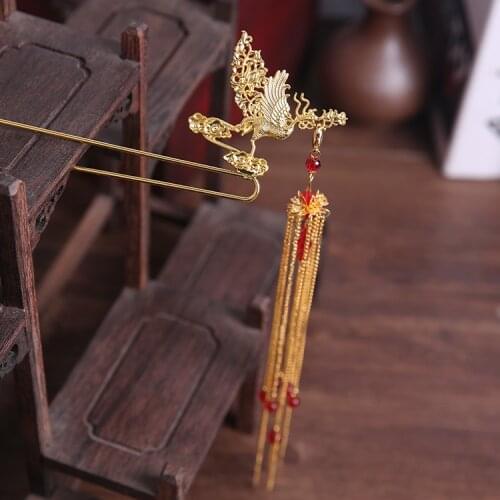 Gold-Tone Hairpin Antique Style Chinese Headdress Classical Hairpin Ancient Costume Bride Tassels Hairpin Hair Accessories