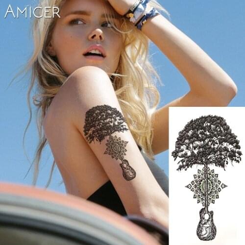 1PC The Tree Of Life Music Hot Black White Large Flower Henna Temporary Tattoo Black Mehndi Style Waterproof Tattoo Sticker