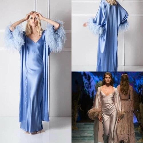 2 Pcs Silk Wedding Nightgowns with Feathers Long Sleeve Party Sleepwear Robes Custom Made Bridal Bathrobes