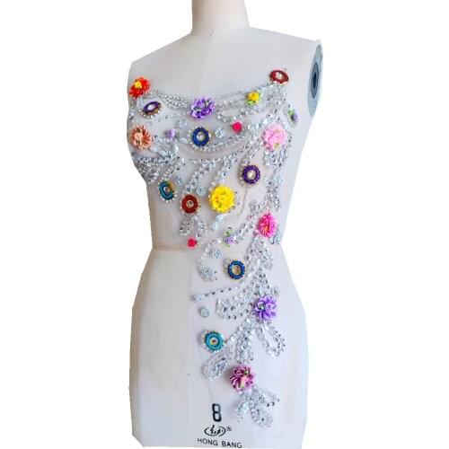 Hand made multicolor flower silver Rhinestones applique on mesh sew on crystal patches trim 54*34cm for dress back