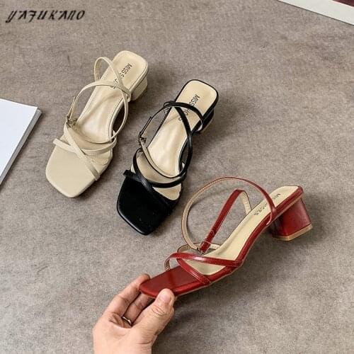 Summer Buckle Strap Red Mid-Heel High Heels Fairy Style Chunky Heel Square Toe Casual Sandals Classic Ladies Party Dress Shoes