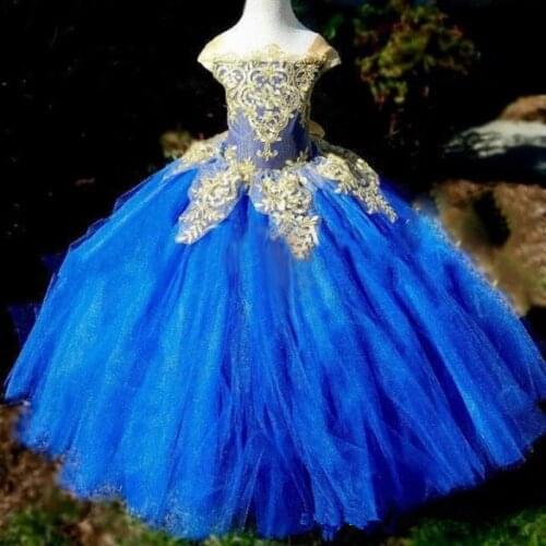 Kids Flower Girls Dresses For Wedding Off The Shoulder Lace Applique Girl Party Gowns Tulle Pretty Pageant Dresses for Girls