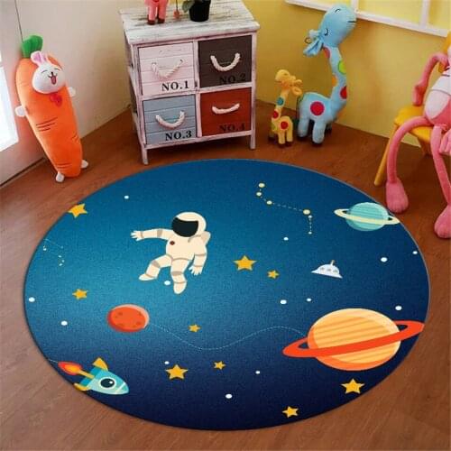 Cartoon Space Astronaut Childrens Mat Round Blue Rugs For Boys Bedroom Soft Flannel Play Mat Nordic Kawaii Rug Bedside Capet